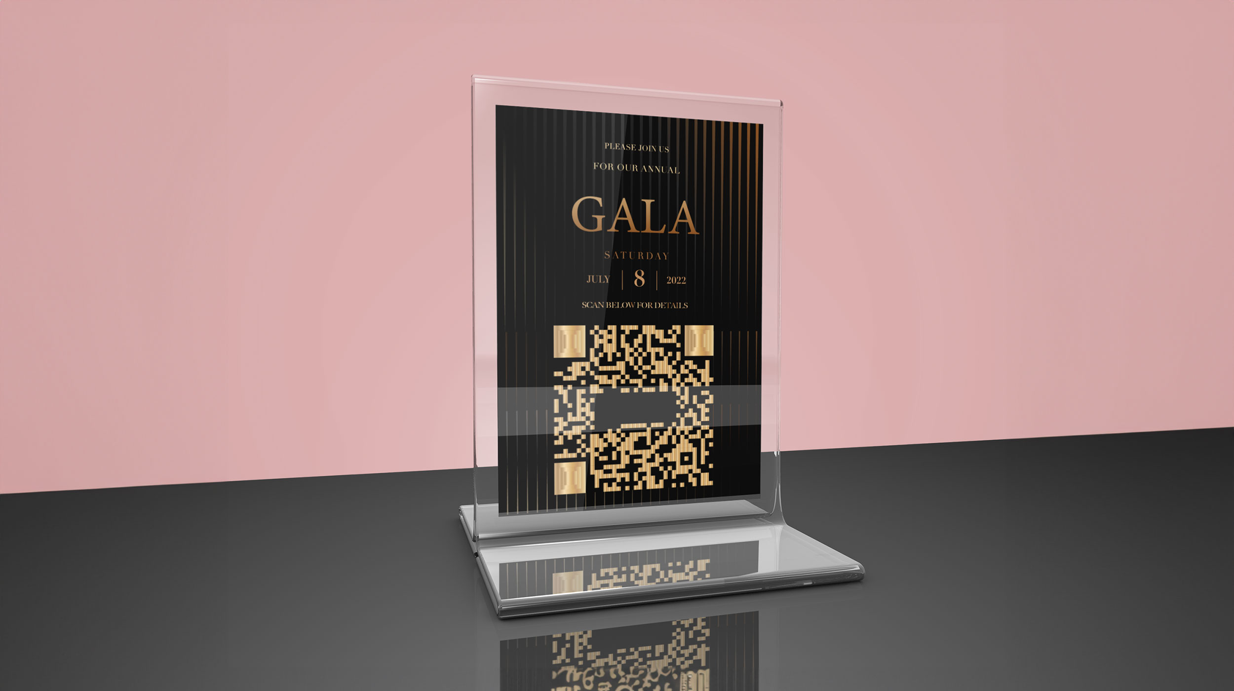 A table top sign advertising an upcoming gala event