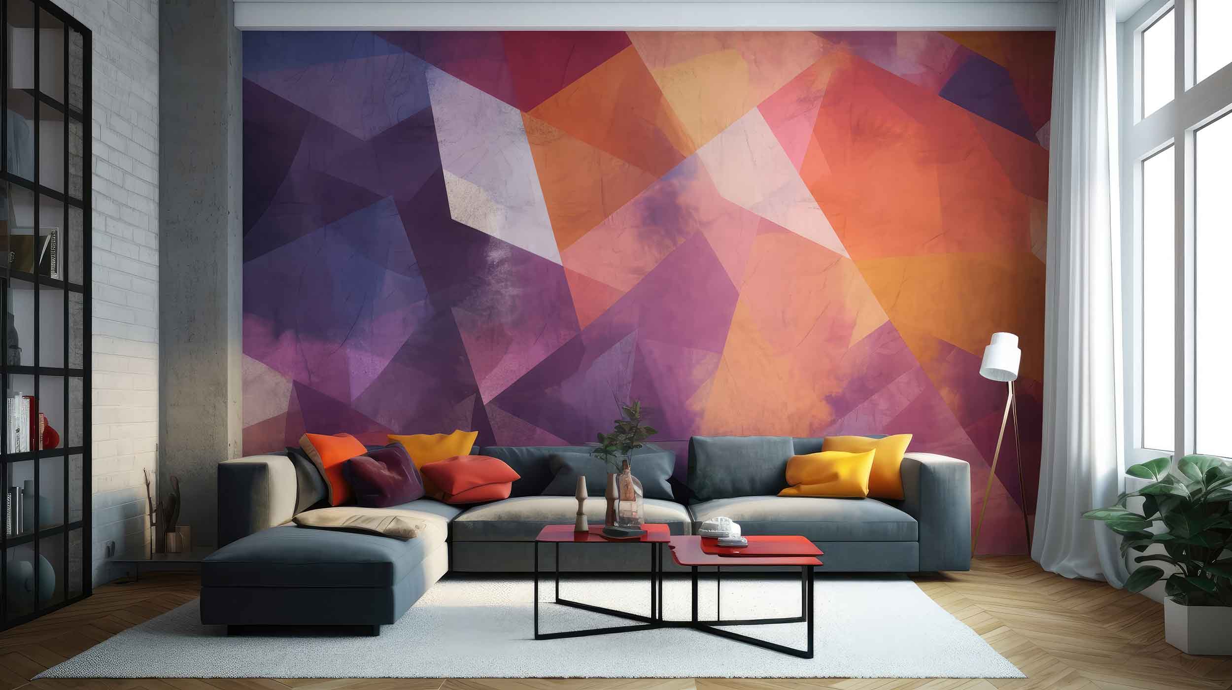Colorful mural on an accent wall behind a couch in a living room